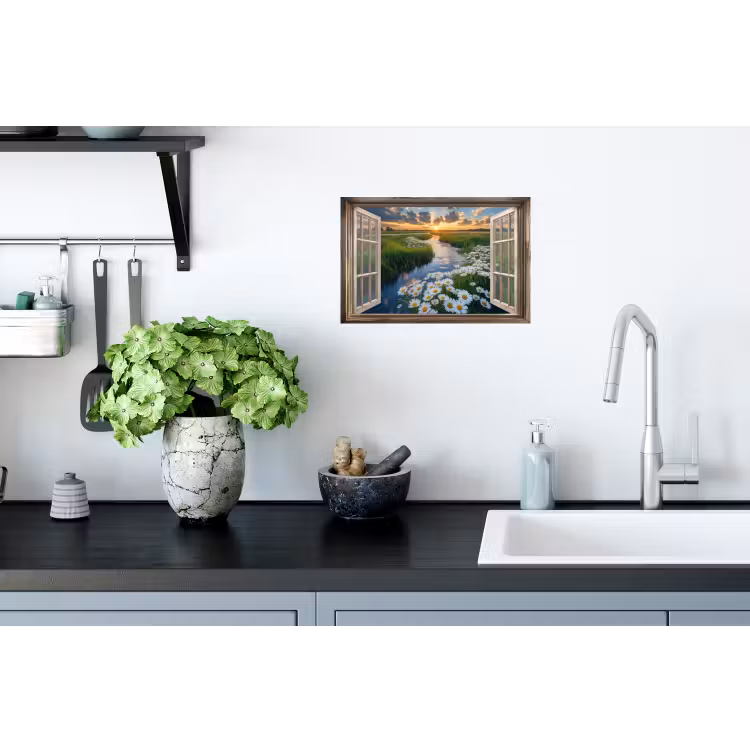 Doorkijk - Landschap - Raam - Water - Zonsondergang Muursticker klein -keuken