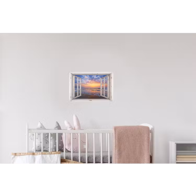 Doorkijk - Zee - Strand - Zonsondergang - Blauw Muursticker klein -kinderkamer