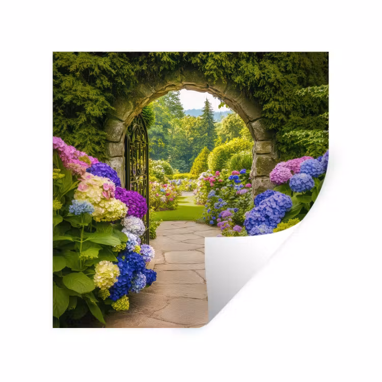 Doorkijk - Poort - Hortensia - Bloementuin Muursticker klein -3d