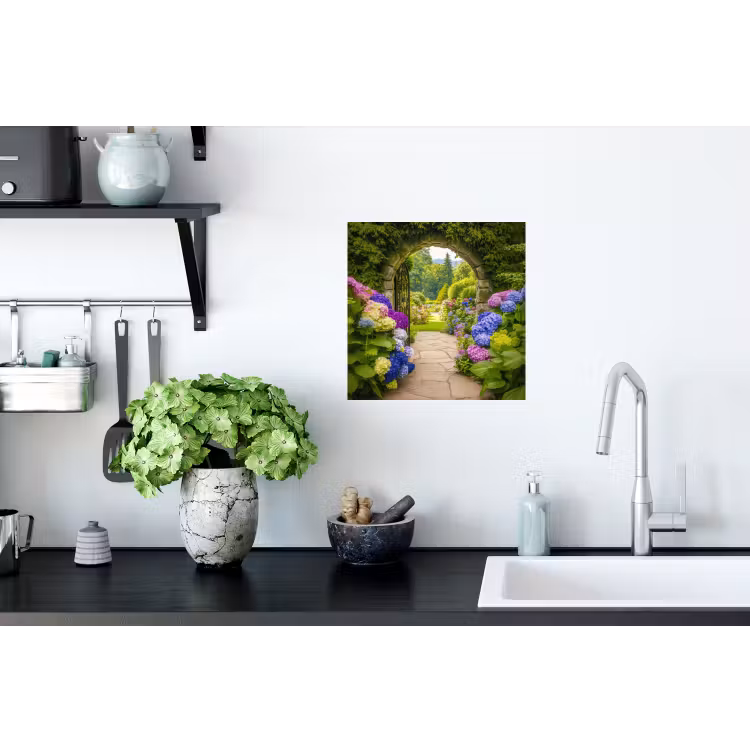 Doorkijk - Poort - Hortensia - Bloementuin Muursticker klein -keuken