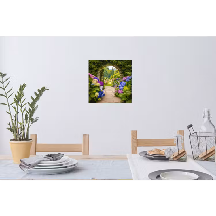 Doorkijk - Poort - Hortensia - Bloementuin Muursticker klein -eettafel