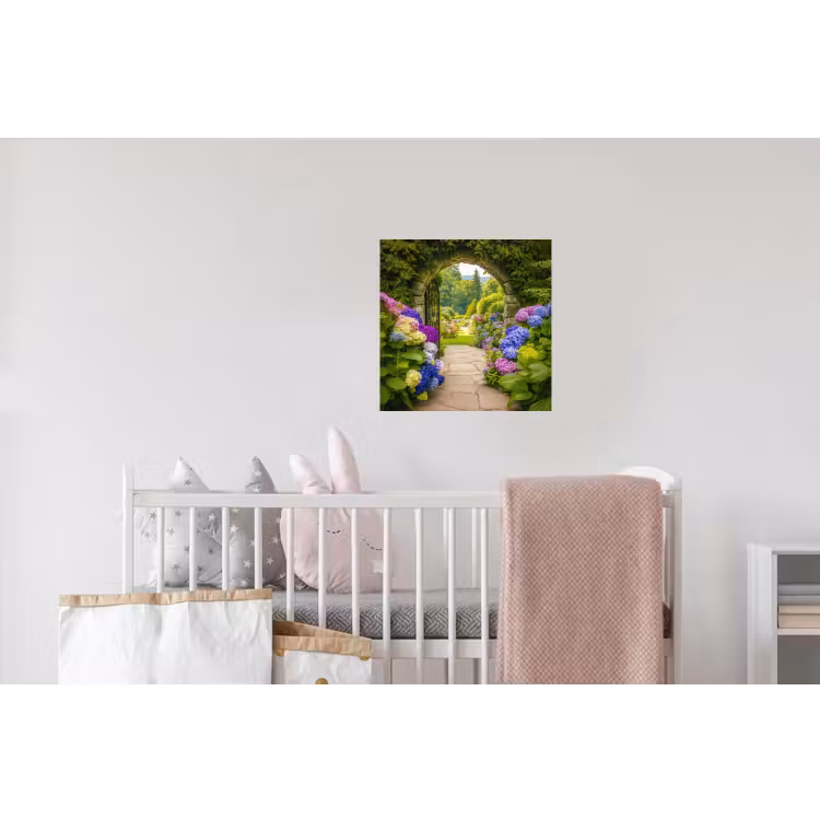 Doorkijk - Poort - Hortensia - Bloementuin Muursticker klein -kinderkamer