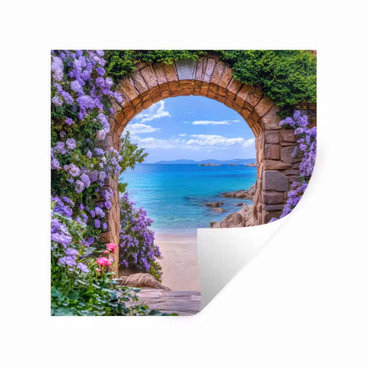 Doorkijk - Poort - Zee - Strand - Rotsen Muursticker klein -3d