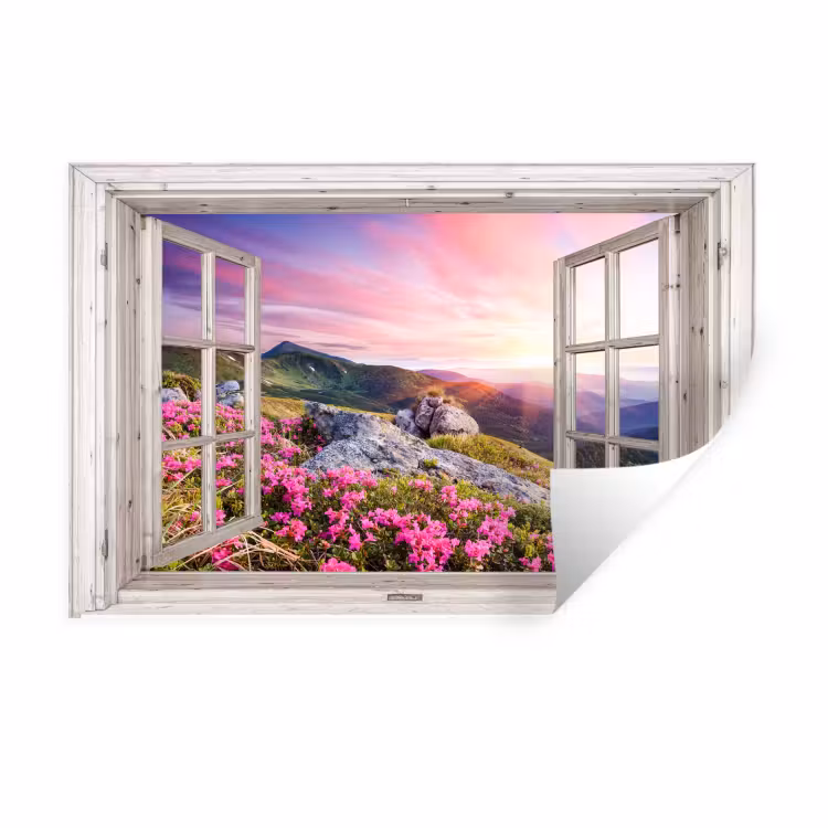 Bergen - Landschap - Doorkijk - Bloemen - Avond - Roze Muursticker klein -3d