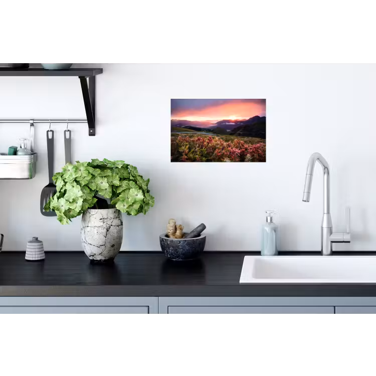 Bloemen - Bergen - Landschap - Nacht - Lucht - Roze Muursticker klein -keuken