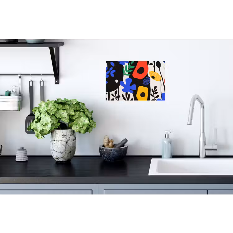 Bloemen - Bladeren - Abstract - Zwart Muursticker klein -keuken