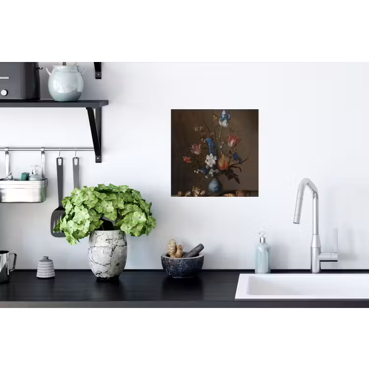 Bloemen in een Wan-Li vaas en schelpen - Schilderij van Balthasar van der Ast Muursticker klein -keuken