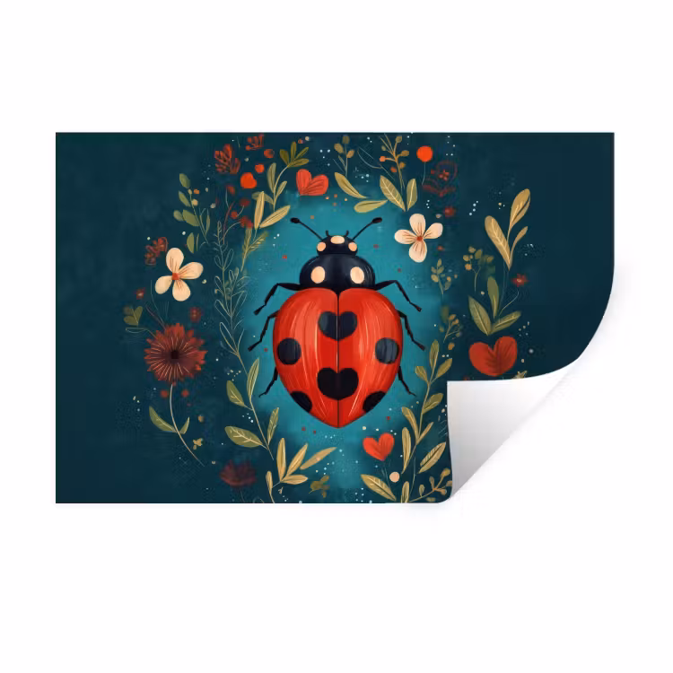 Bloemen - Lieveheersbeestje - Hartje - Rood Muursticker klein -3d