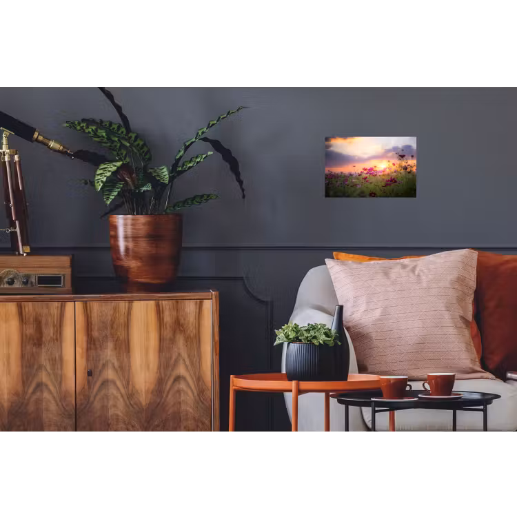 Bloemen - Roze - Zonsondergang - Natuur - Weide - Horizon Muursticker klein -kamerbank