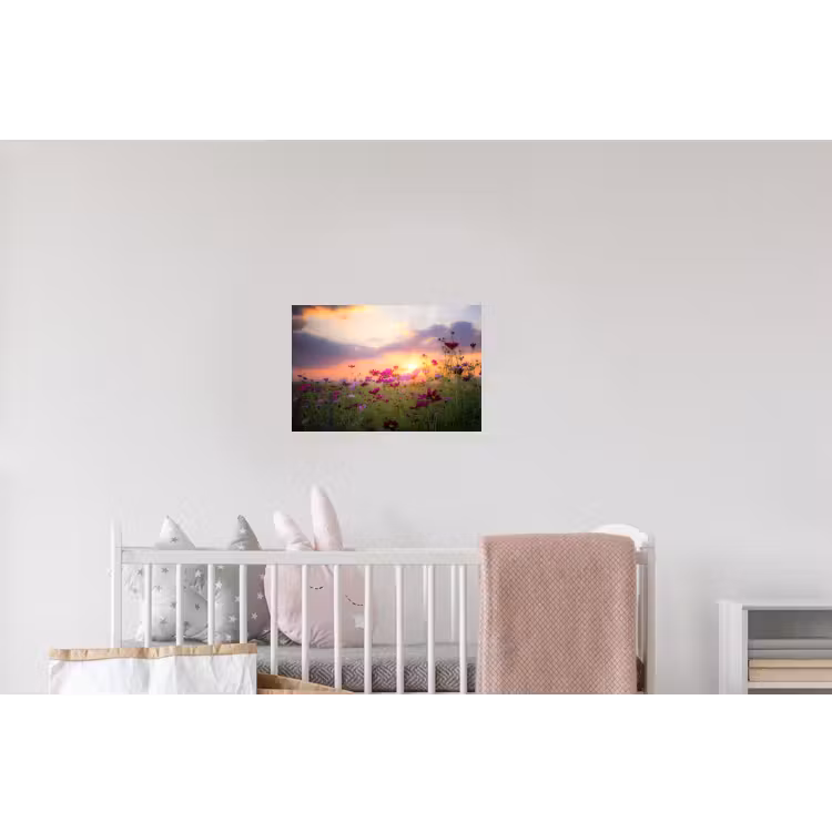 Bloemen - Roze - Zonsondergang - Natuur - Weide - Horizon Muursticker klein -kinderkamer
