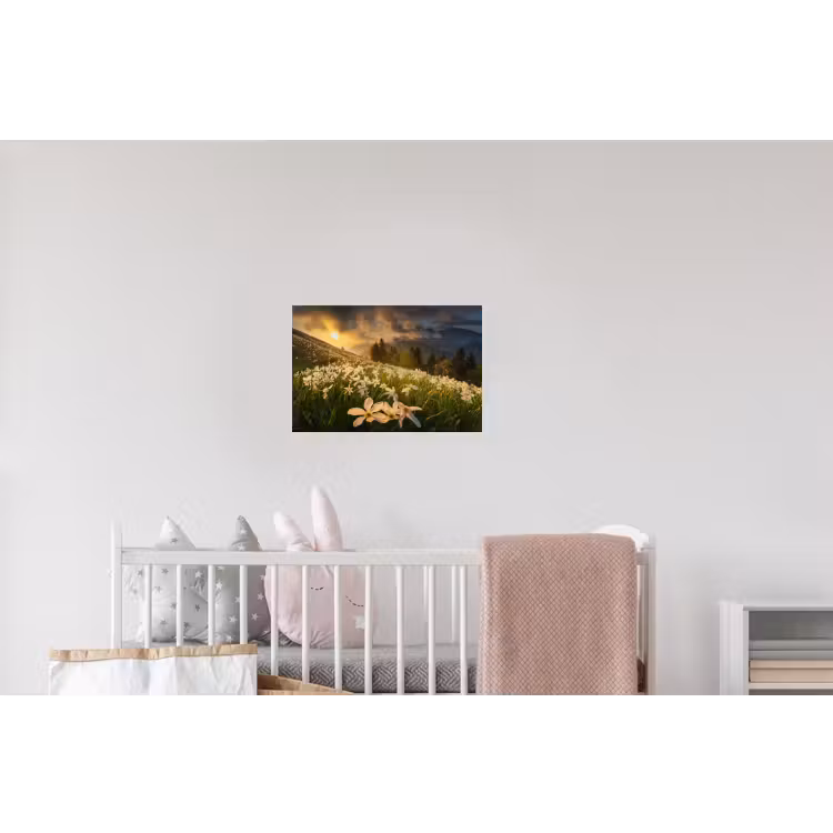Bloemenveld - Heuvels - Zonsondergang - Berg - Natuur - Wit Muursticker klein -kinderkamer