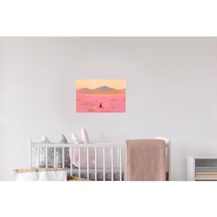 Bloemenweide - Heuvels - Silhouet - Roze Muursticker klein -kinderkamer