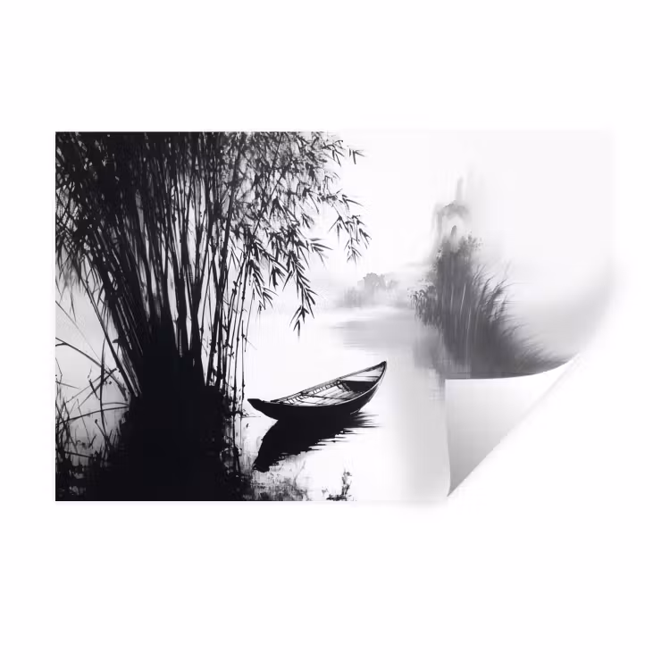 Boot - Rivier - Bamboe - Wit Muursticker klein -3d