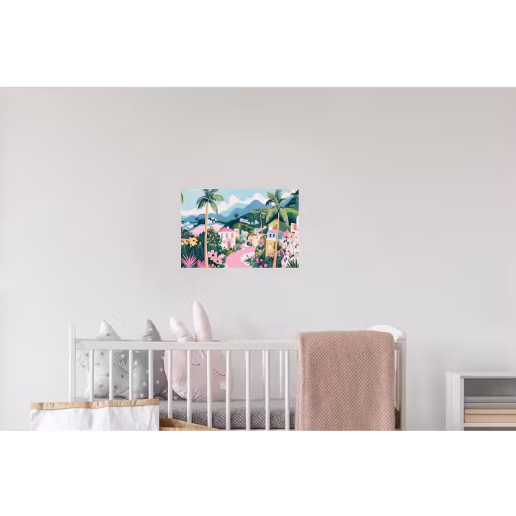 Kleurrijk - Huizen - Heuvels - Roze Muursticker klein -kinderkamer