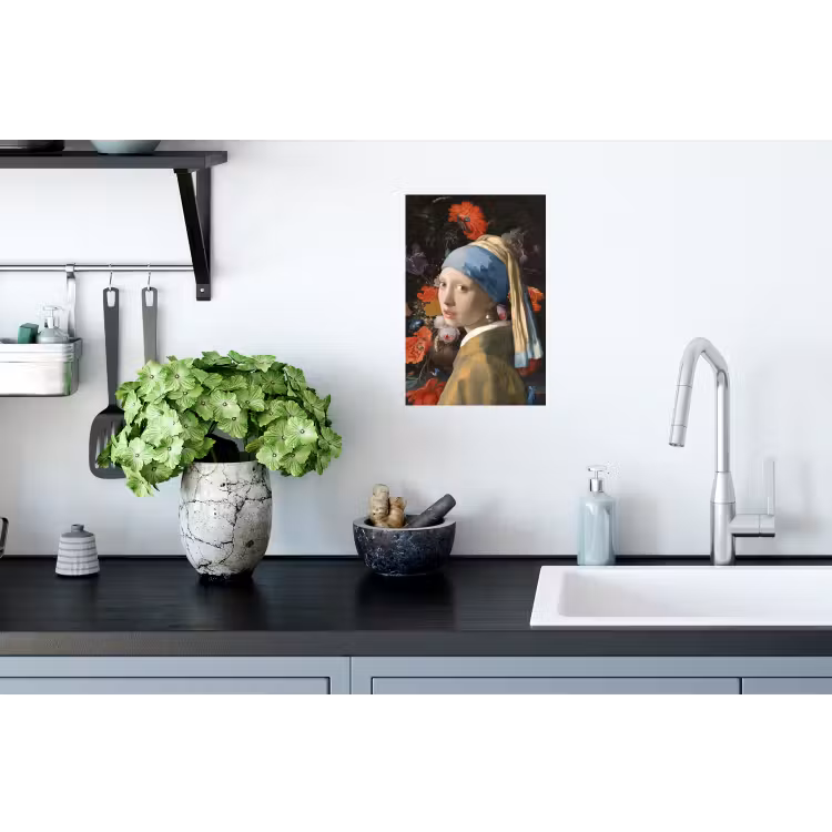 Meisje met de parel - Johannes Vermeer - Bloemen Muursticker klein -keuken