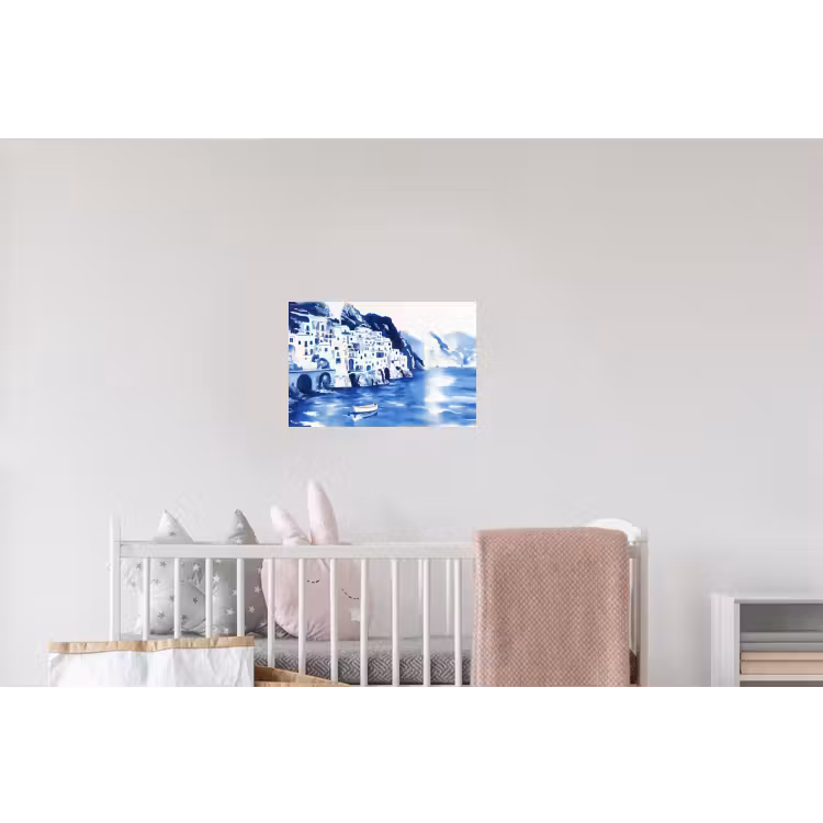 Dorp - Rotswand - Roeiboot - Water Muursticker klein -kinderkamer