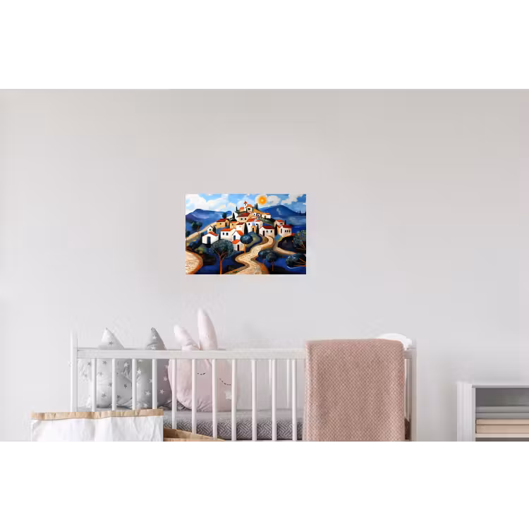 Dorp - Heuvelachtig - Zon - Mozaïek Muursticker klein -kinderkamer
