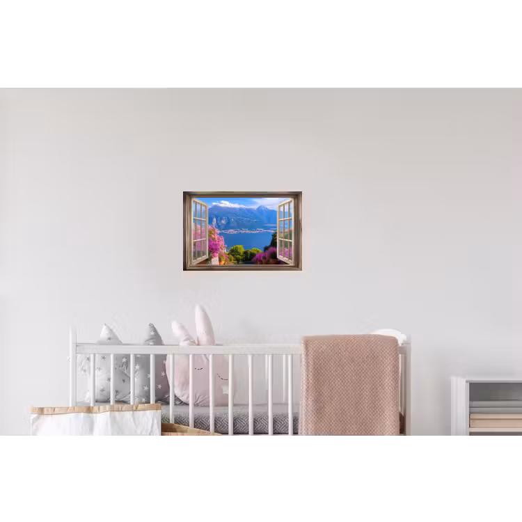 Doorkijk - Berg - Landschap - Uitzicht - Meer Muursticker klein -kinderkamer
