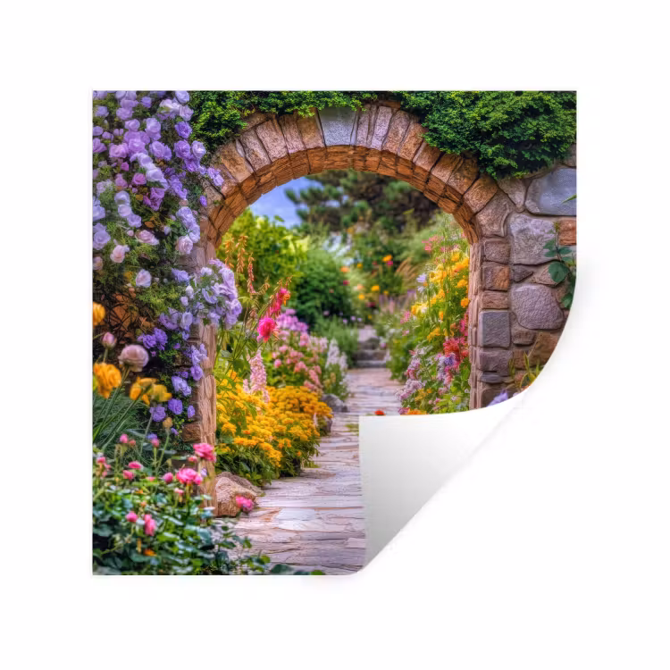 Doorkijk - Bloemen - Pad - Natuur Muursticker klein -3d