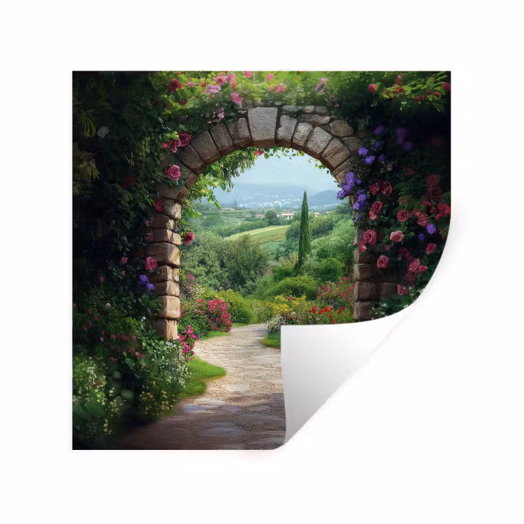 Doorkijk - Landschap - Bloemen - Pad - Uitzicht Muursticker klein -3d