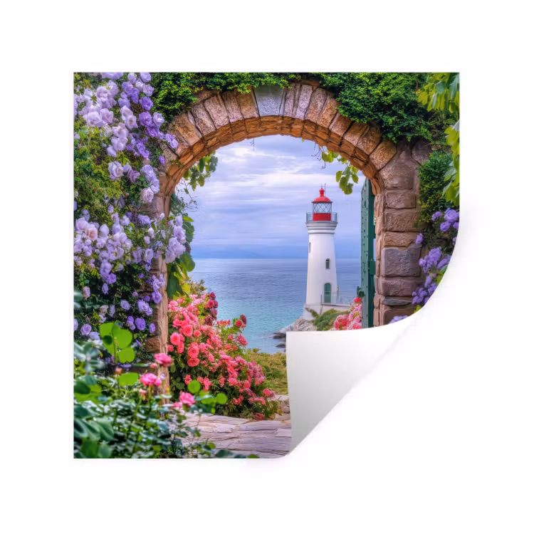 Doorkijk - Vuurtoren - Bloemen - Uitzicht Muursticker klein -3d