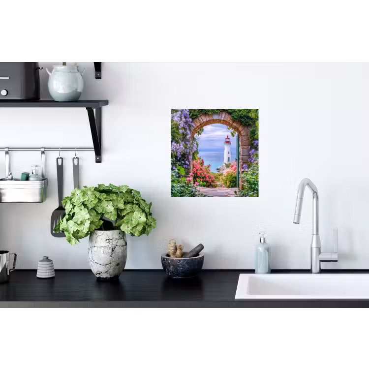 Doorkijk - Vuurtoren - Bloemen - Uitzicht Muursticker klein -keuken