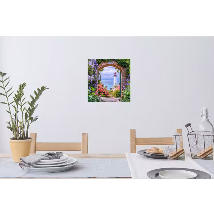 Doorkijk - Vuurtoren - Bloemen - Uitzicht Muursticker klein -eettafel