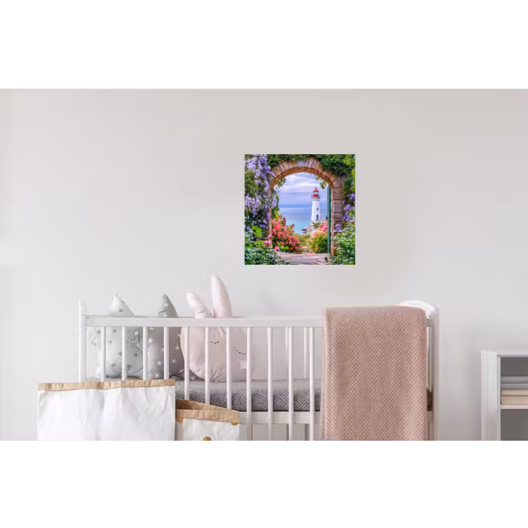Doorkijk - Vuurtoren - Bloemen - Uitzicht Muursticker klein -kinderkamer