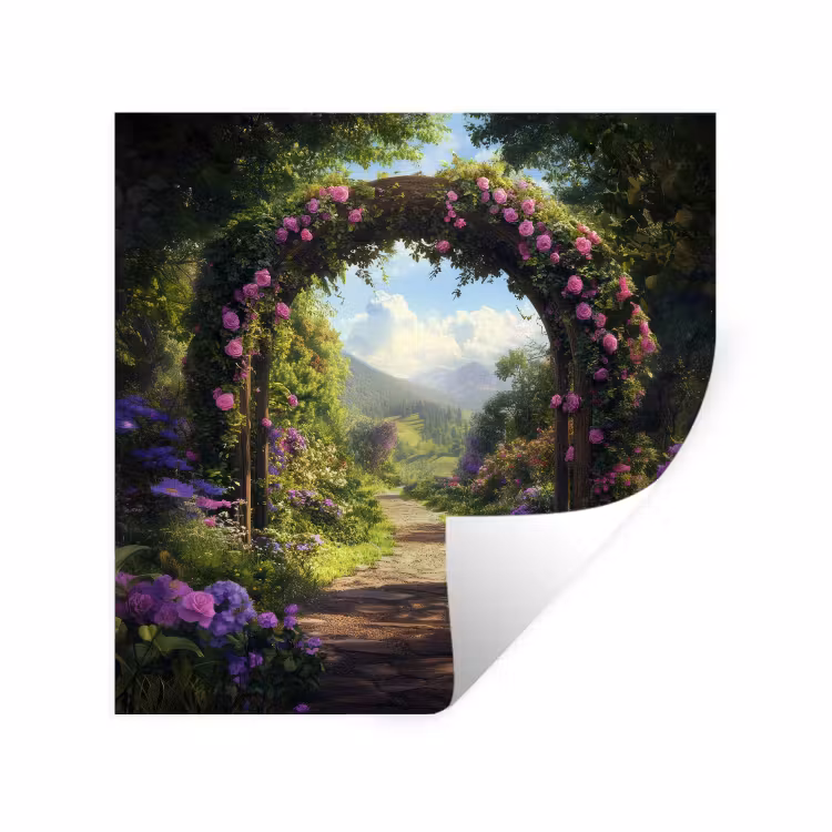 Doorkijk - Rozenboog - Uitzicht - Landschap - Bloemen Muursticker klein -3d