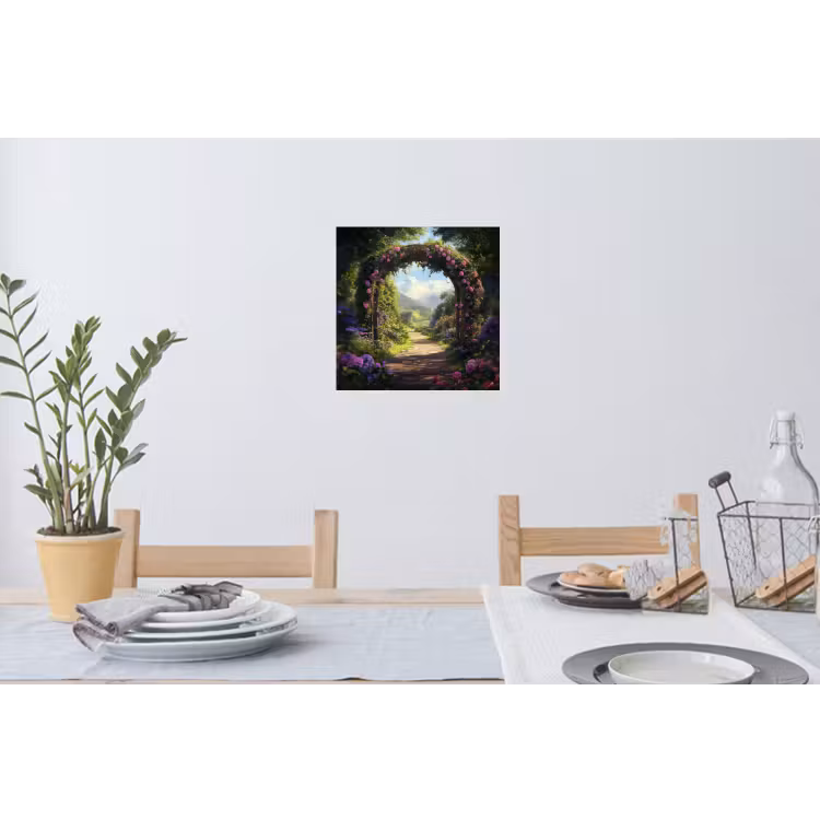 Doorkijk - Rozenboog - Uitzicht - Landschap - Bloemen Muursticker klein -eettafel