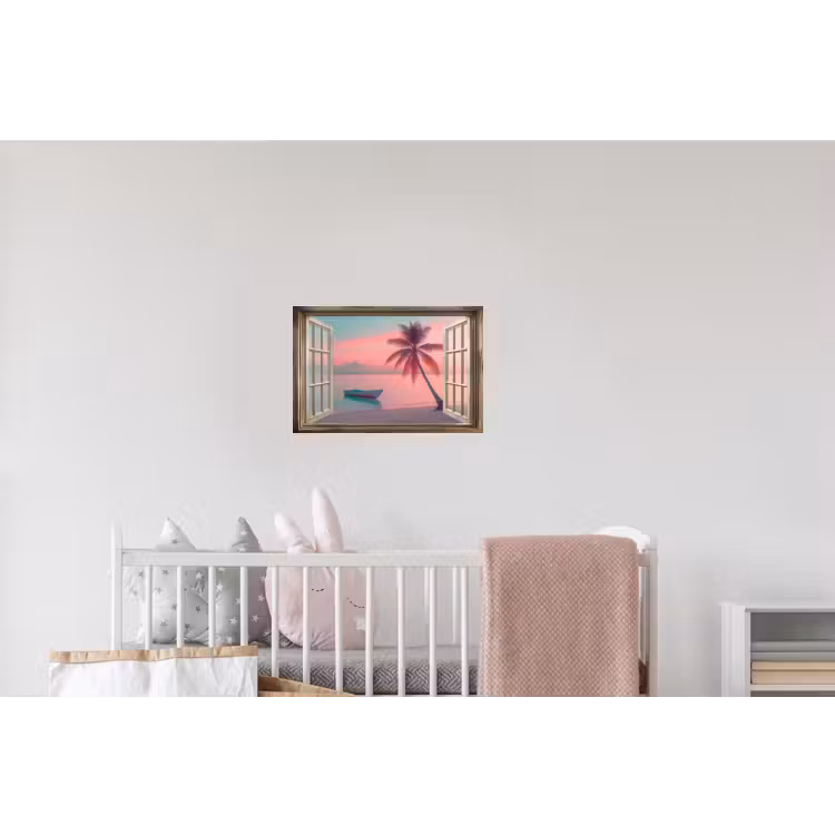 Doorkijk - Strand - Palmboom - Tropisch Muursticker klein -kinderkamer