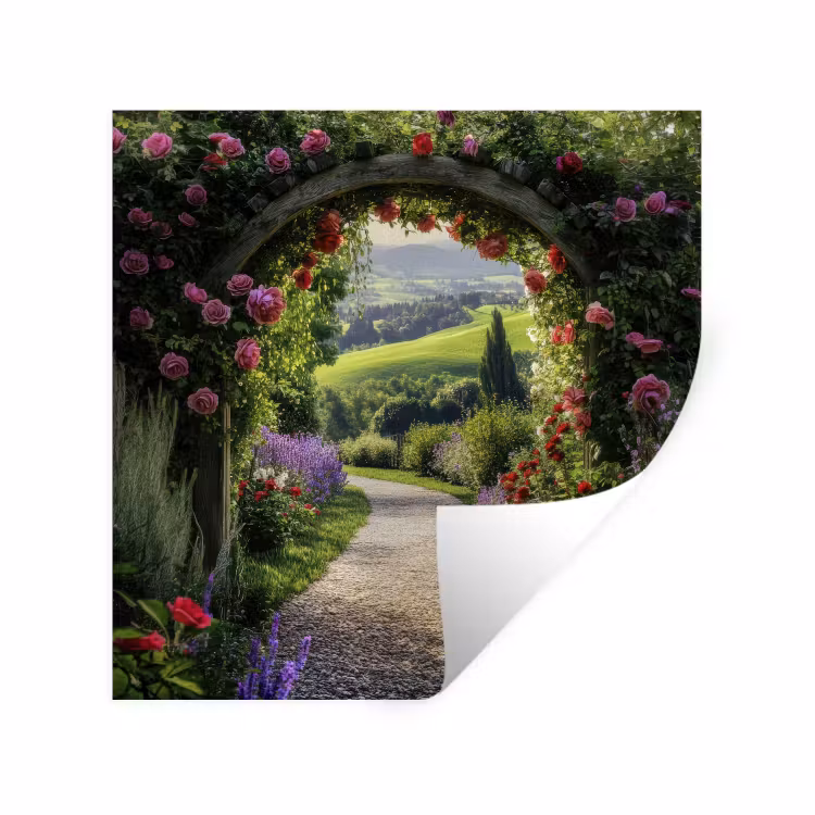 Doorkijk - Tuinboog - Bloemen - Natuur - Pad Muursticker klein -3d