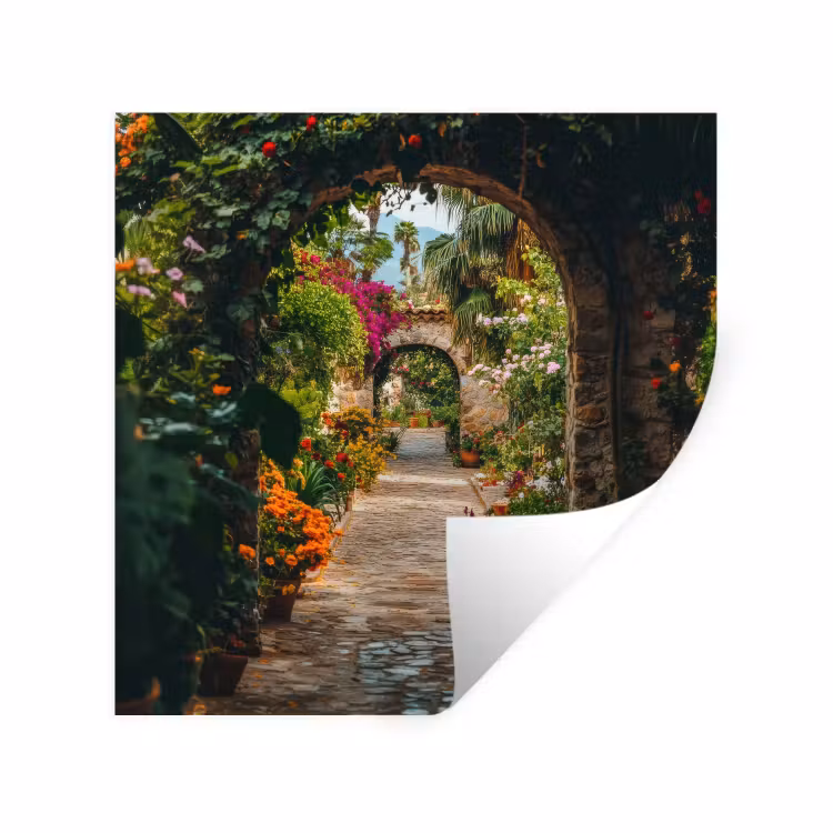 Doorkijk - Bloemen - Poort - Stenen Muursticker klein -3d