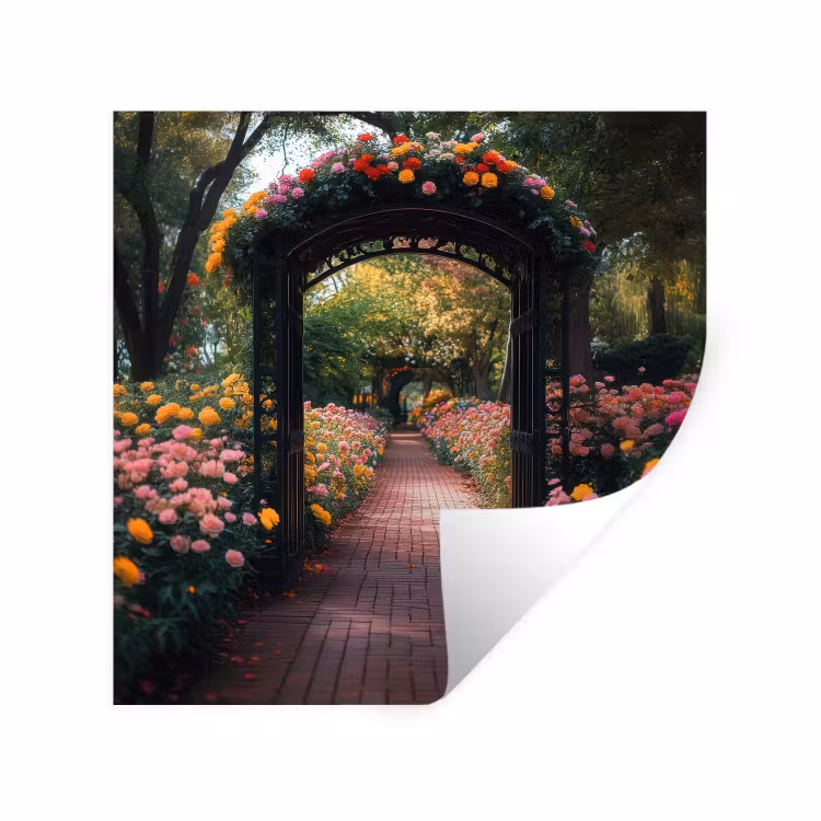 Doorkijk - Bloemen - Pad - Natuur - Kleurrijk Muursticker klein -3d