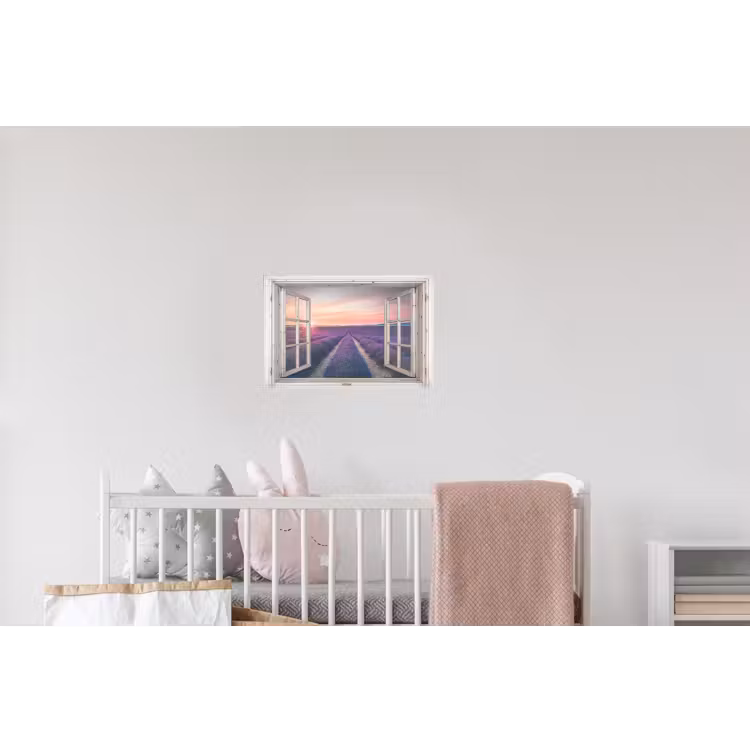 Doorkijk - Lavendel - Bloemen - Hout - Zonsondergang - Paars Muursticker klein -kinderkamer