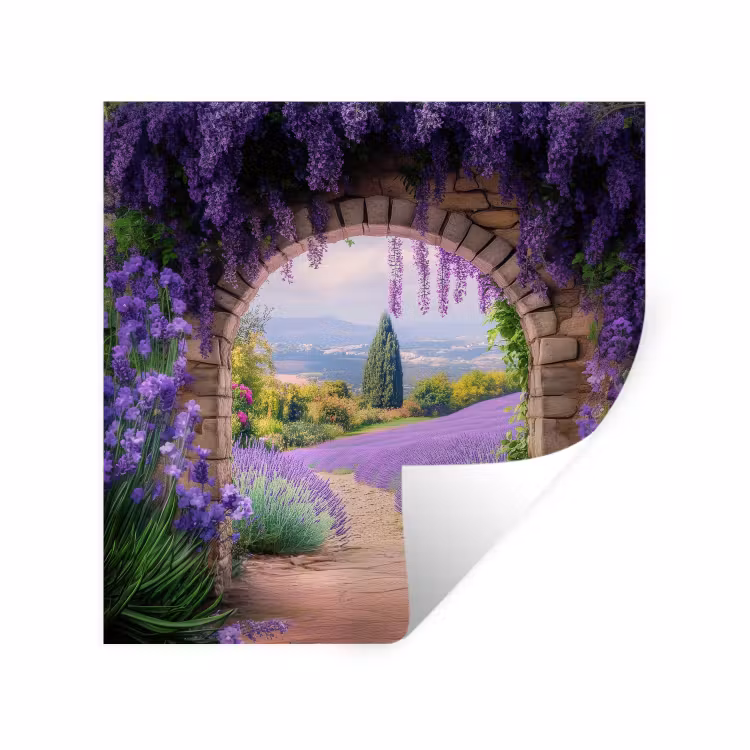 Doorkijk - Lavendel - Bloemen - Paars - Poort Muursticker klein -3d