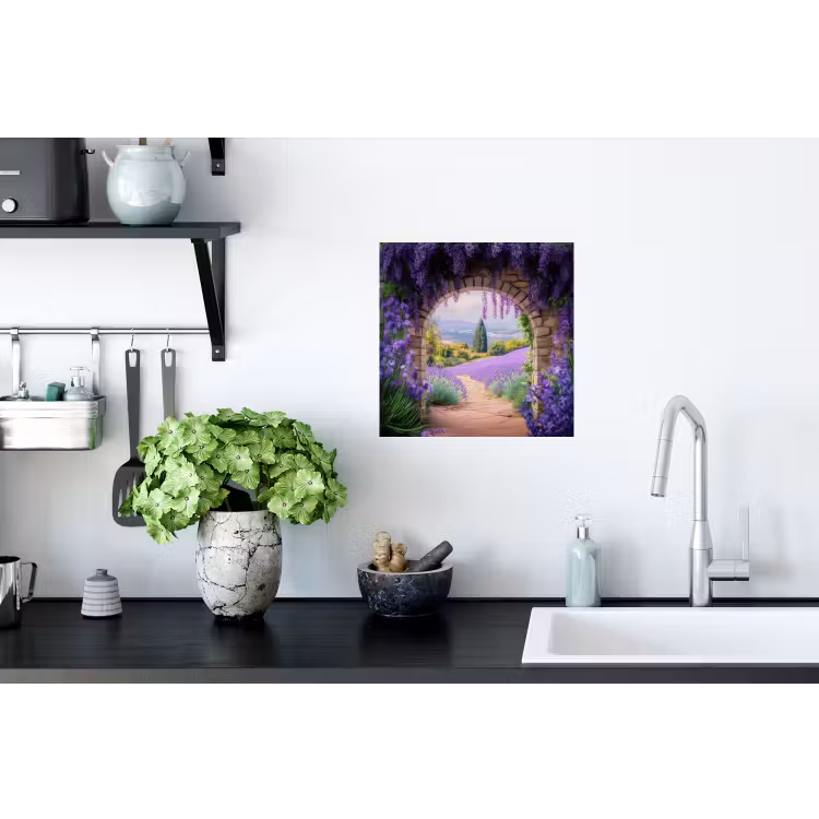 Doorkijk - Lavendel - Bloemen - Paars - Poort Muursticker klein -keuken