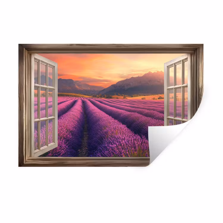 Doorkijk - Lavendel - Landschap - Bloemen - Paars Muursticker klein -3d