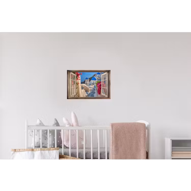 Doorkijk - Santorini - Landschap - Blauw - Grieks Muursticker klein -kinderkamer