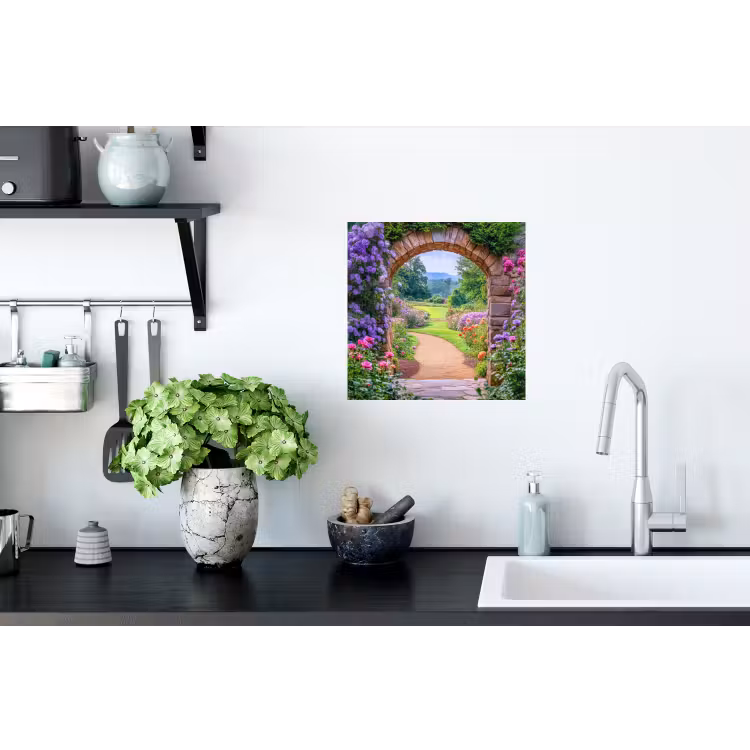 Doorkijk - Poort - Bloemen - Tuin Muursticker klein -keuken