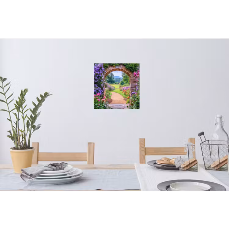 Doorkijk - Poort - Bloemen - Tuin Muursticker klein -eettafel