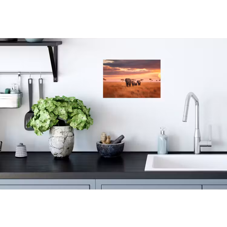 Groep olifanten - Open vlakte - Zon Muursticker klein -keuken