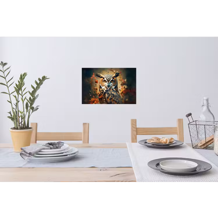 Uil - Vogel - Bloemen - Planten - Botanisch Muursticker klein -eettafel