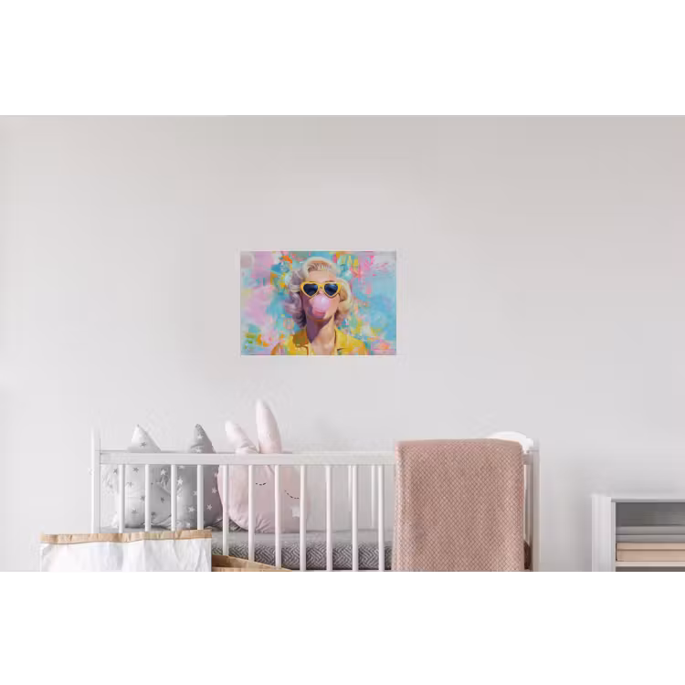Vrouw - Blond - Roze kauwgom - Kleurrijk - Pastel Muursticker klein -kinderkamer