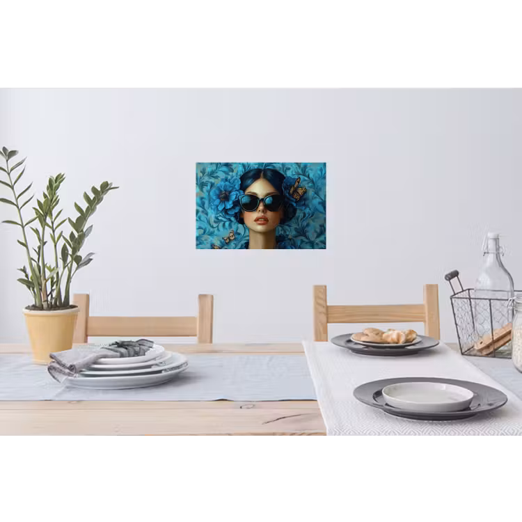 Vrouw - Bloemen - Vlinders - Blauw - Abstract Muursticker klein -eettafel