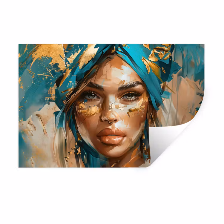 Vrouw - Portret - Goud - Luxe - Blauw Muursticker klein -3d