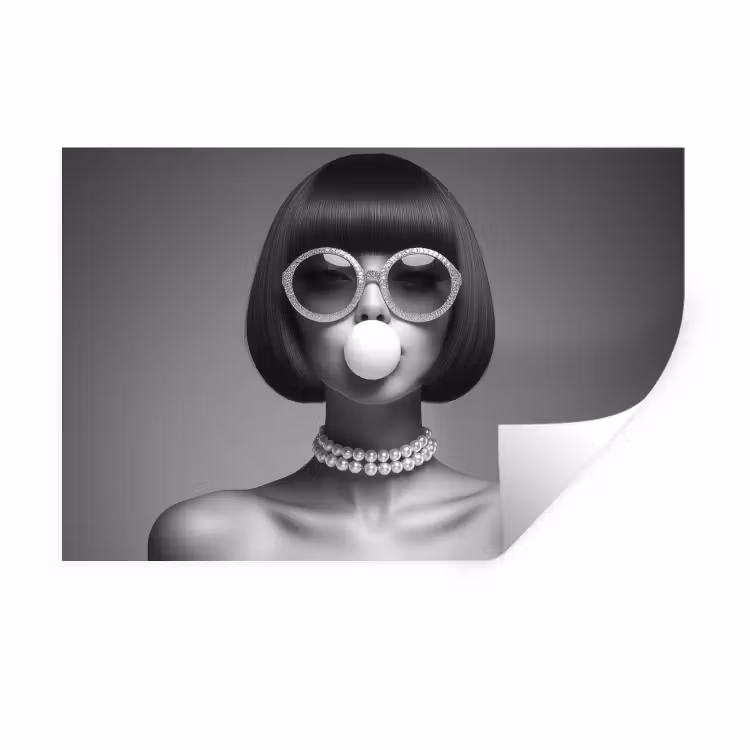 Vrouw - Zwart Wit - Ketting - Zonnebril Muursticker klein -3d