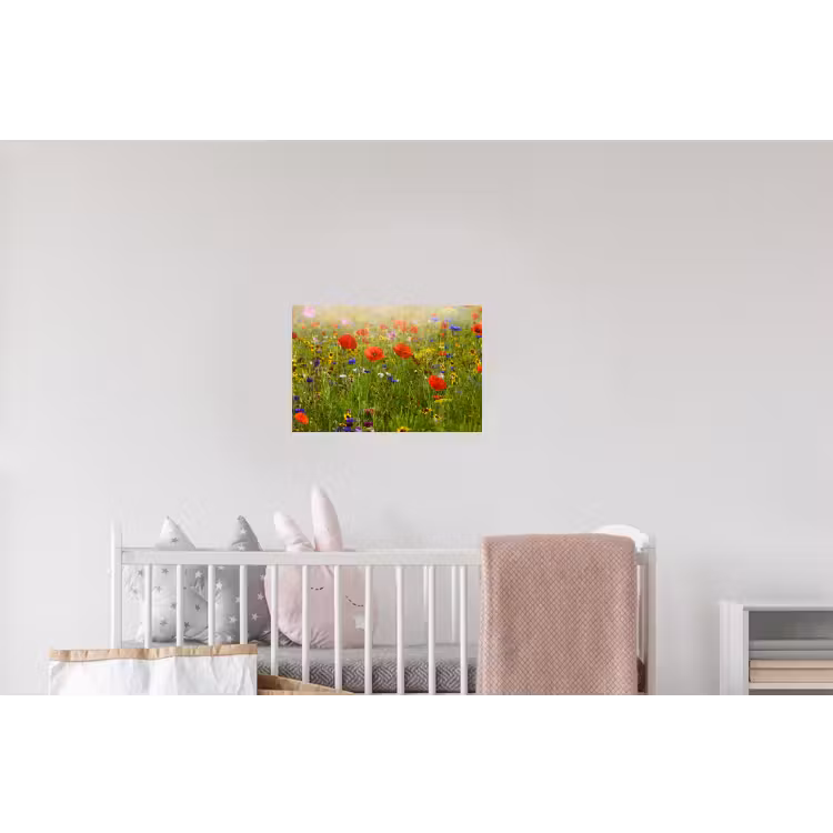 Lente - Bloemen - Rood - Klaproos - Gras - Groen Muursticker klein -kinderkamer