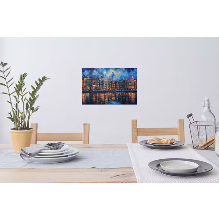 Grachten Amsterdam - Huizen - Stad - Kleurrijk Muursticker klein -eettafel