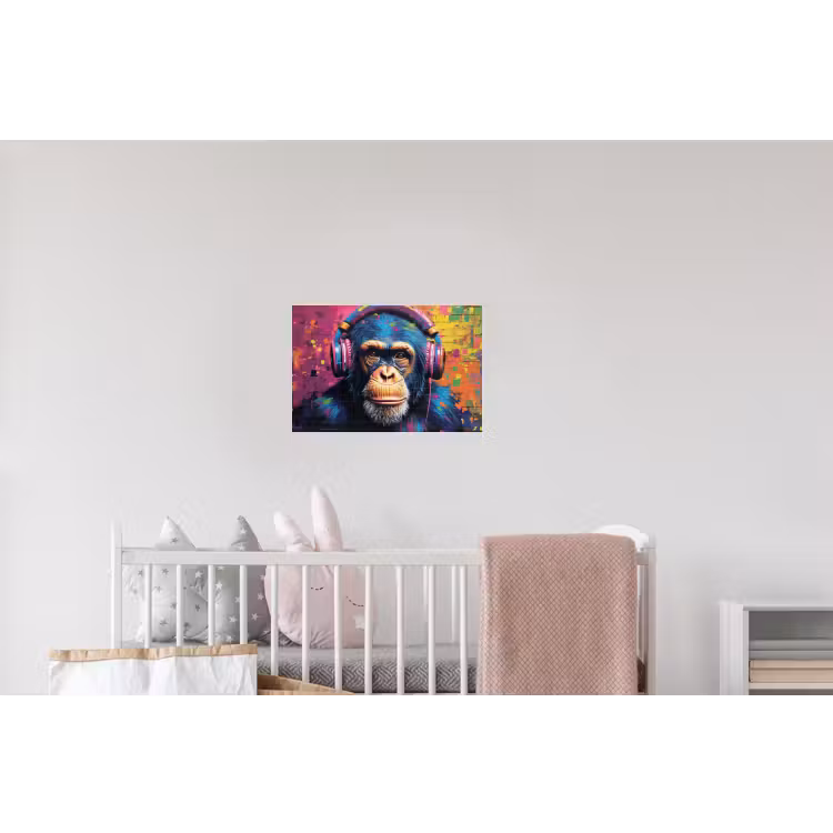 Graffiti - Chimpanzee - Street art - Koptelefoon - Aap Muursticker klein -kinderkamer